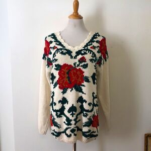 Off white cotton blend knitted floral motif Sweater by Nuggets, red roses